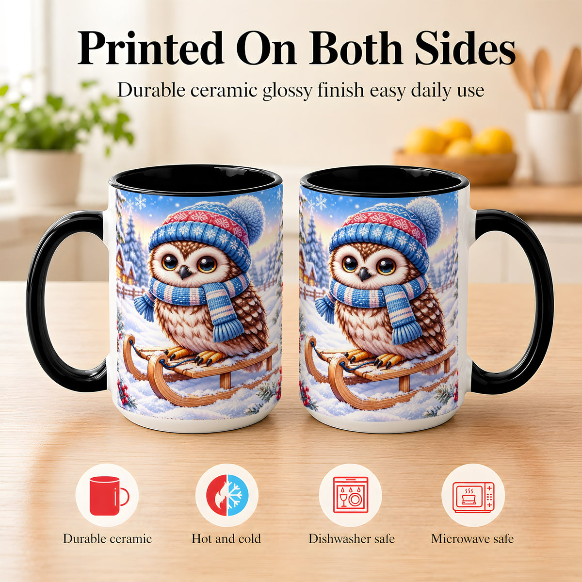 #pl[15oz|Black] Winter Owl Coffee Mug, Cozy Sled Owl Mug, Ceramic Cup