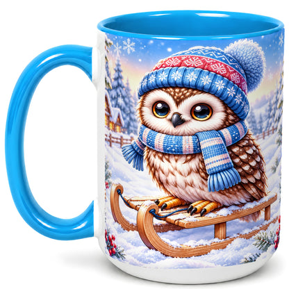 #pl[15oz|Blue] Winter Owl Coffee Mug, Cozy Sled Owl Mug, Ceramic Cup