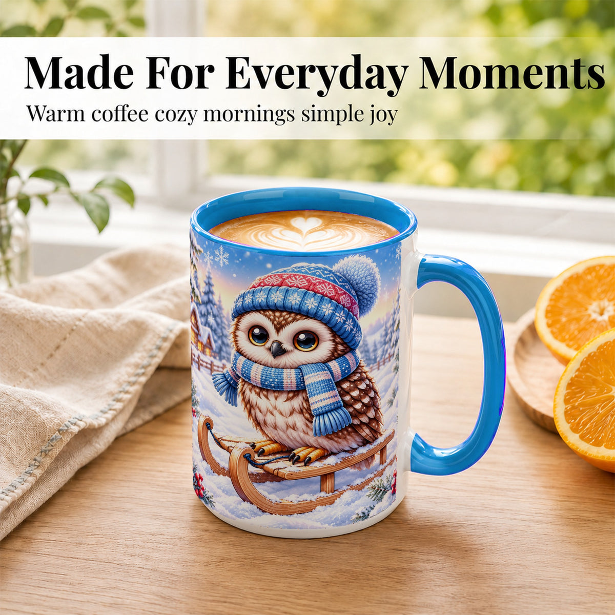 #pl[15oz|Blue] Winter Owl Coffee Mug, Cozy Sled Owl Mug, Ceramic Cup