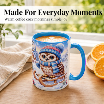 #pl[15oz|Blue] Winter Owl Coffee Mug, Cozy Sled Owl Mug, Ceramic Cup