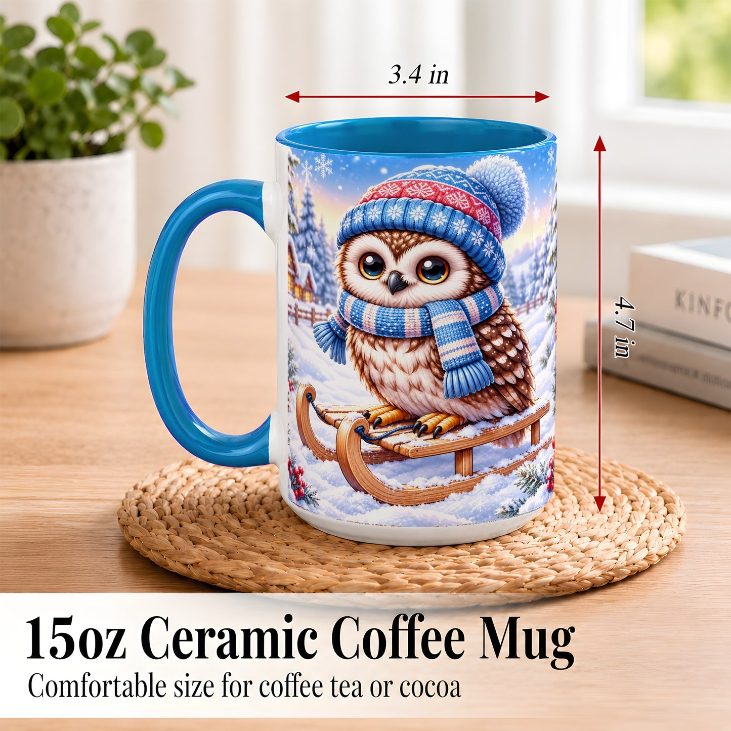#pl[15oz|Blue] Winter Owl Coffee Mug, Cozy Sled Owl Mug, Ceramic Cup