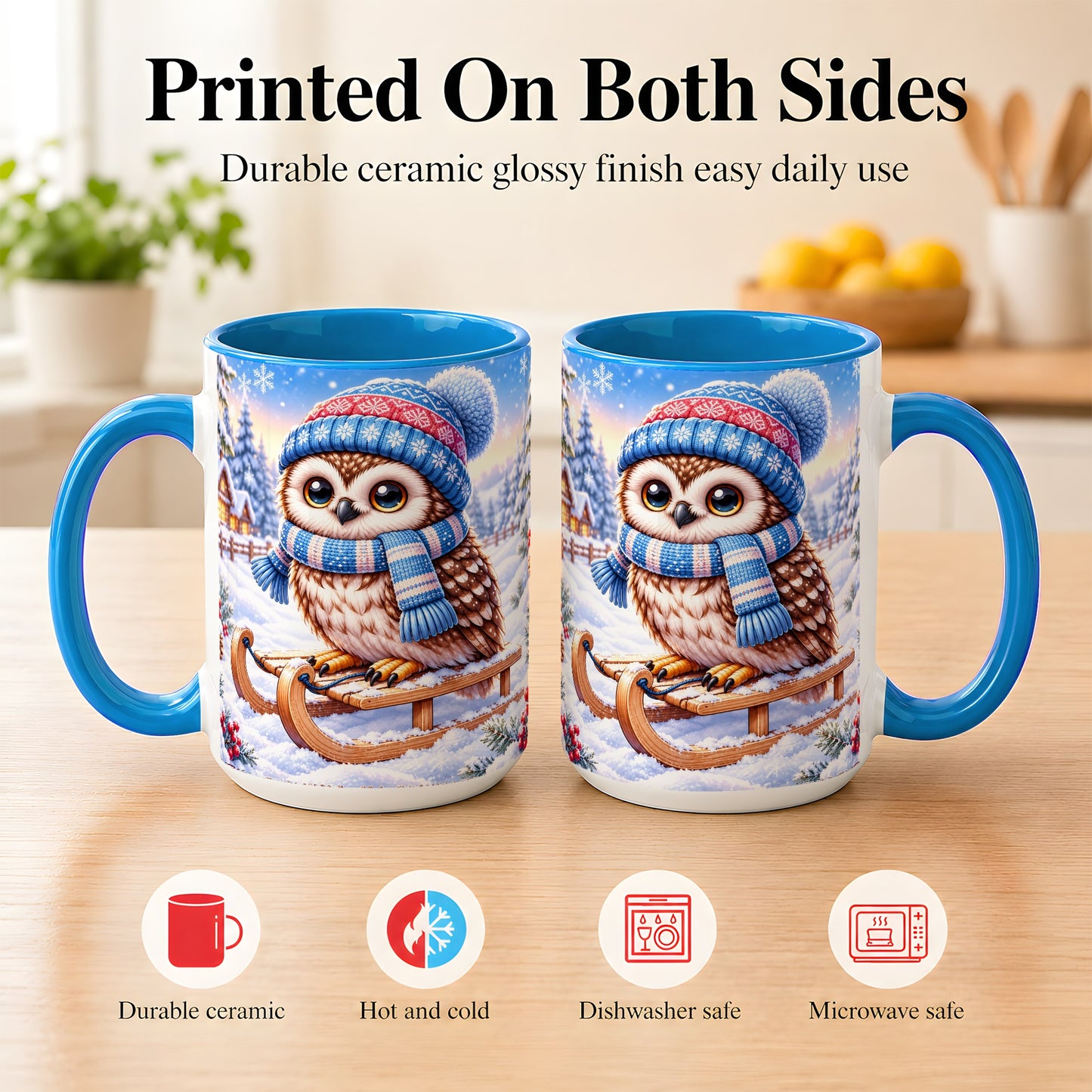 #pl[15oz|Blue] Winter Owl Coffee Mug, Cozy Sled Owl Mug, Ceramic Cup