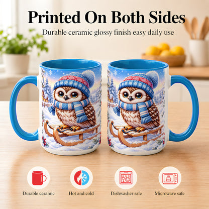 #pl[15oz|Blue] Winter Owl Coffee Mug, Cozy Sled Owl Mug, Ceramic Cup