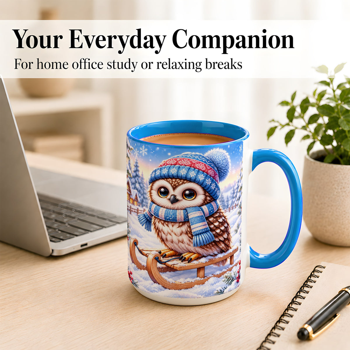 #pl[15oz|Blue] Winter Owl Coffee Mug, Cozy Sled Owl Mug, Ceramic Cup
