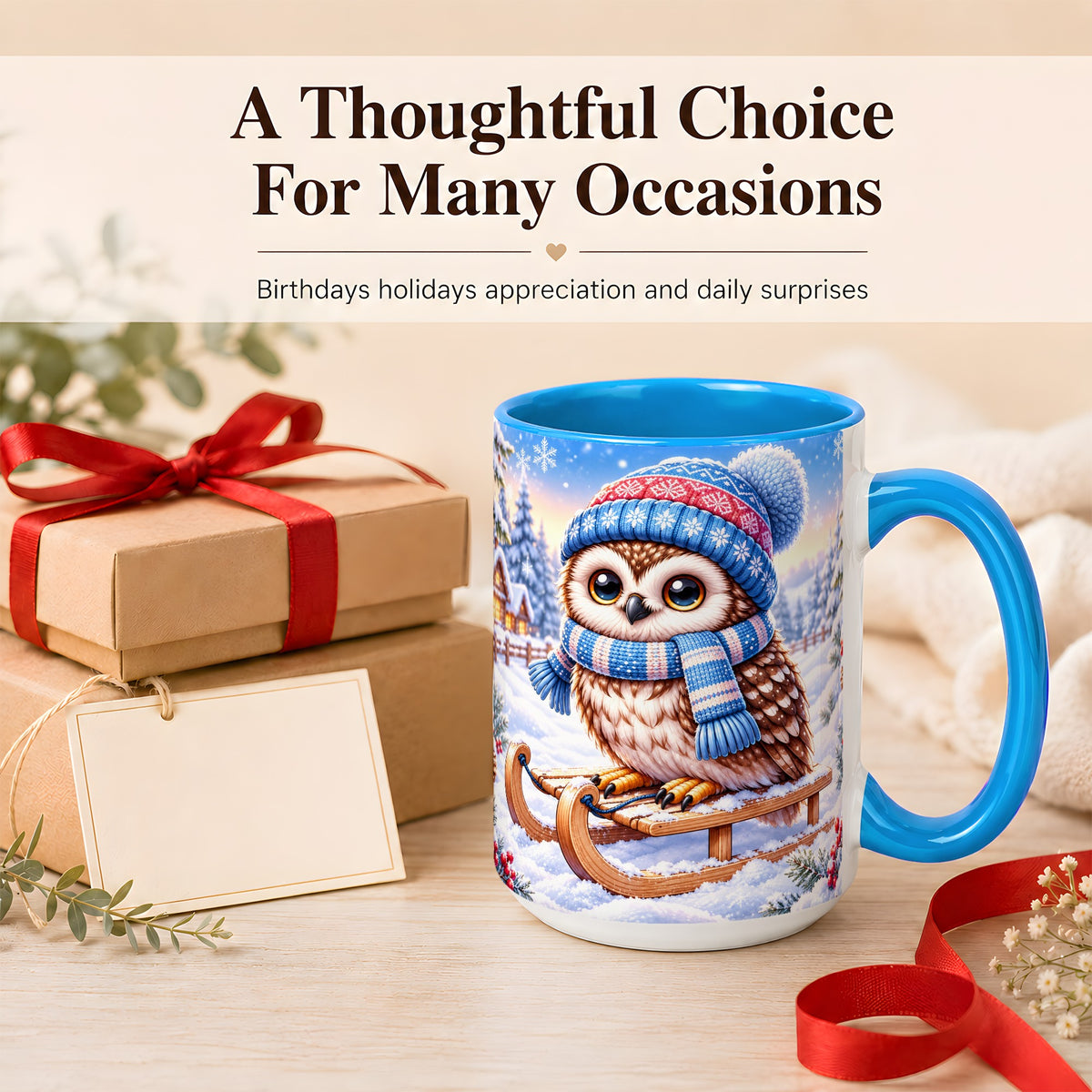 #pl[15oz|Blue] Winter Owl Coffee Mug, Cozy Sled Owl Mug, Ceramic Cup