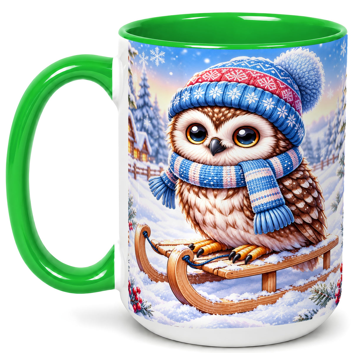 #pl[15oz|Green] Winter Owl Coffee Mug, Cozy Sled Owl Mug, Ceramic Cup