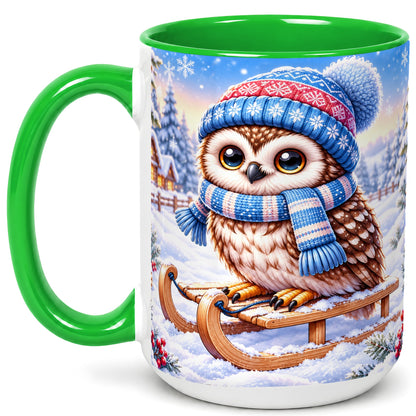 #pl[15oz|Green] Winter Owl Coffee Mug, Cozy Sled Owl Mug, Ceramic Cup