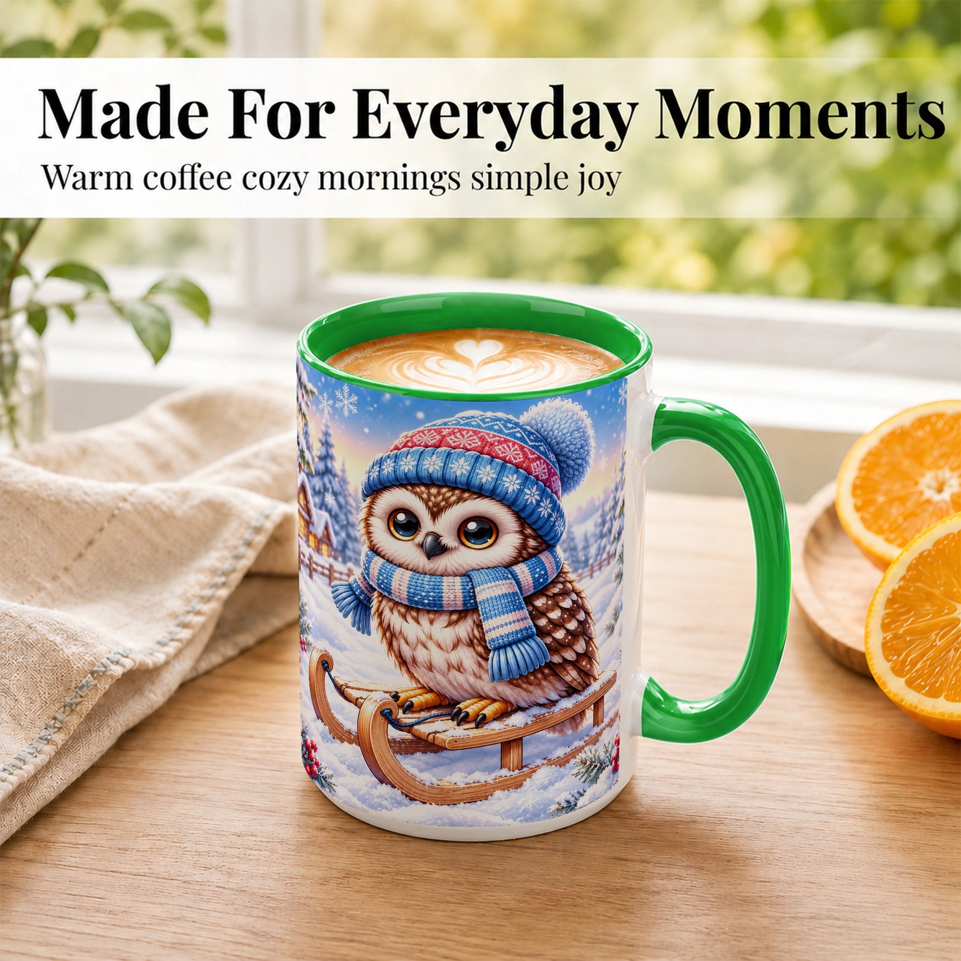 #pl[15oz|Green] Winter Owl Coffee Mug, Cozy Sled Owl Mug, Ceramic Cup