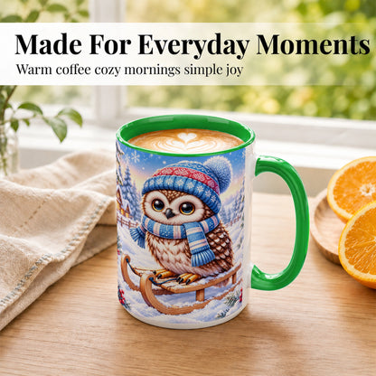 #pl[15oz|Green] Winter Owl Coffee Mug, Cozy Sled Owl Mug, Ceramic Cup