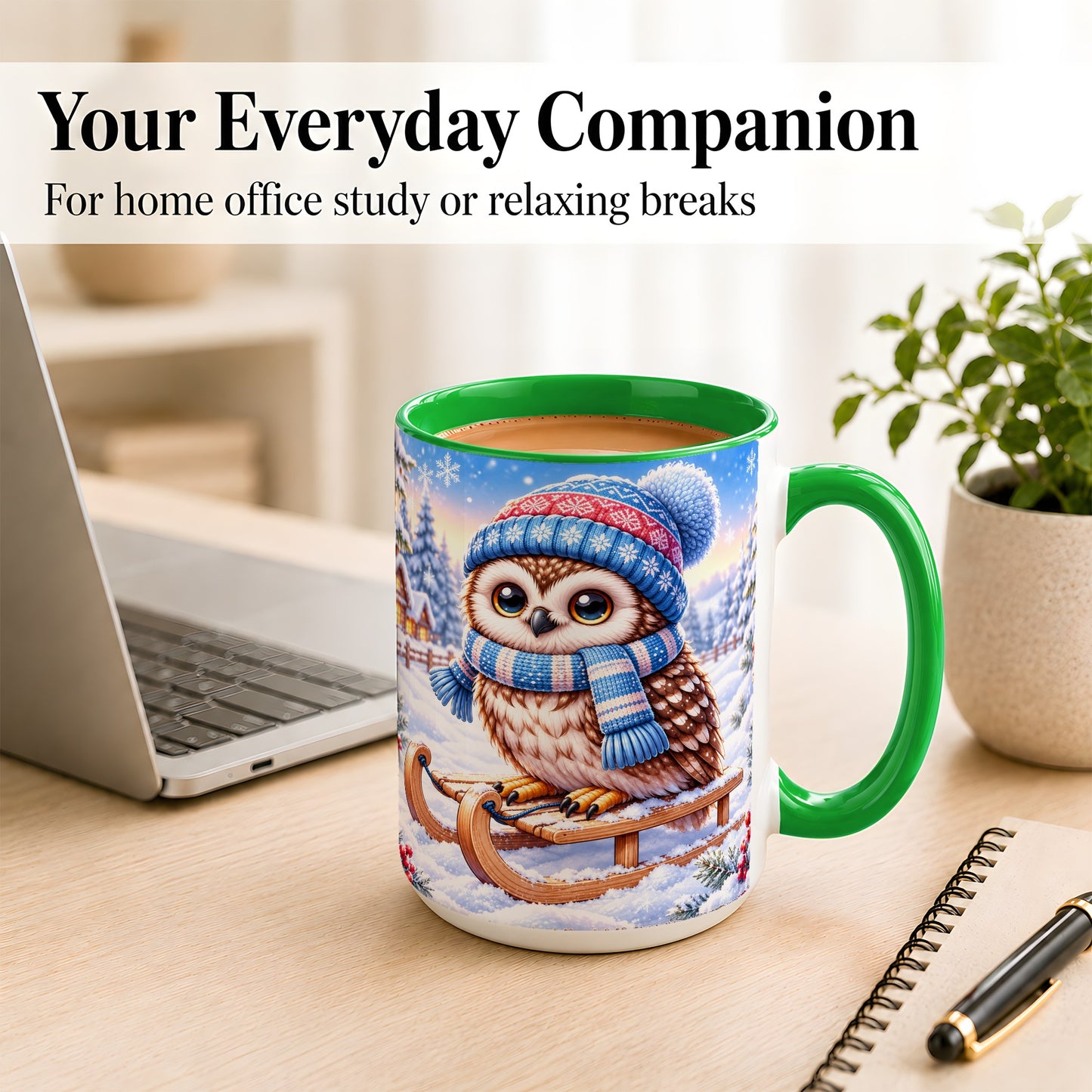 #pl[15oz|Green] Winter Owl Coffee Mug, Cozy Sled Owl Mug, Ceramic Cup