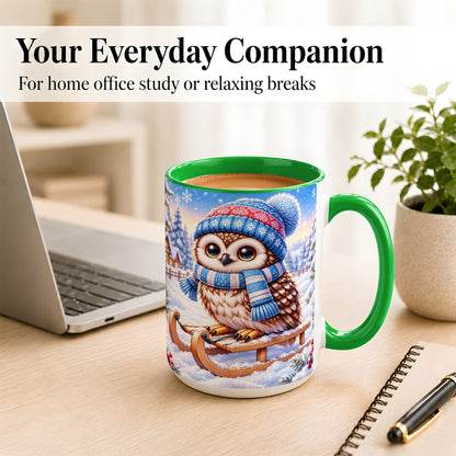 #pl[15oz|Green] Winter Owl Coffee Mug, Cozy Sled Owl Mug, Ceramic Cup