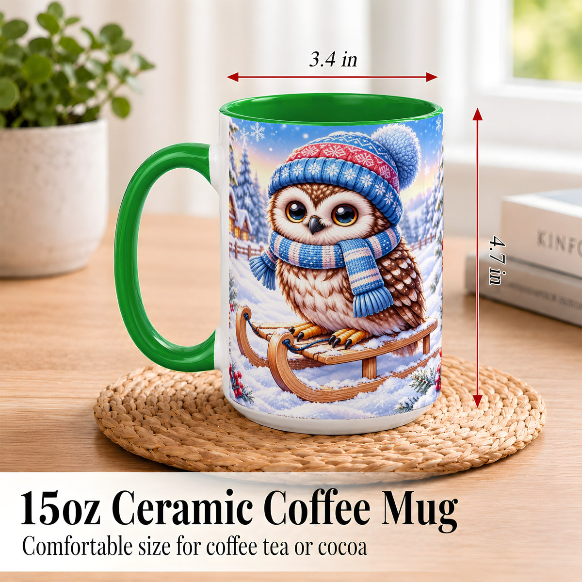#pl[15oz|Green] Winter Owl Coffee Mug, Cozy Sled Owl Mug, Ceramic Cup