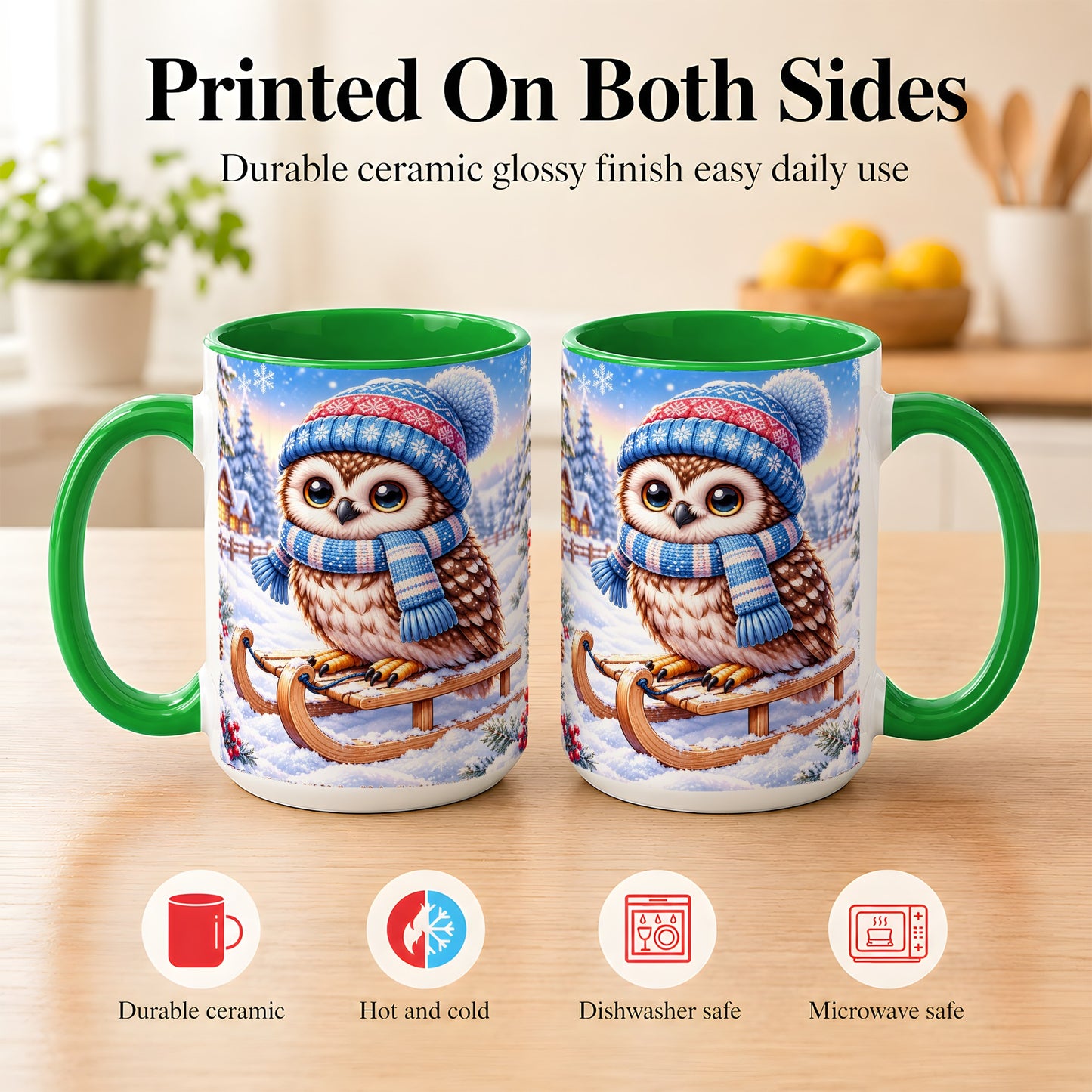 #pl[15oz|Green] Winter Owl Coffee Mug, Cozy Sled Owl Mug, Ceramic Cup