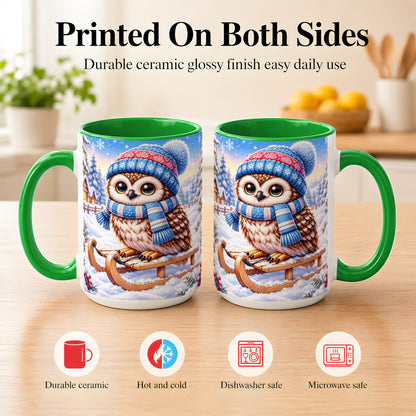 #pl[15oz|Green] Winter Owl Coffee Mug, Cozy Sled Owl Mug, Ceramic Cup