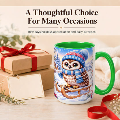 #pl[15oz|Green] Winter Owl Coffee Mug, Cozy Sled Owl Mug, Ceramic Cup