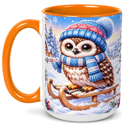 #pl[15oz|Orange] Winter Owl Coffee Mug, Cozy Sled Owl Mug, Ceramic Cup