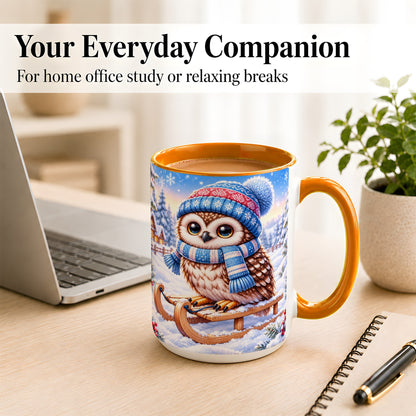#pl[15oz|Orange] Winter Owl Coffee Mug, Cozy Sled Owl Mug, Ceramic Cup
