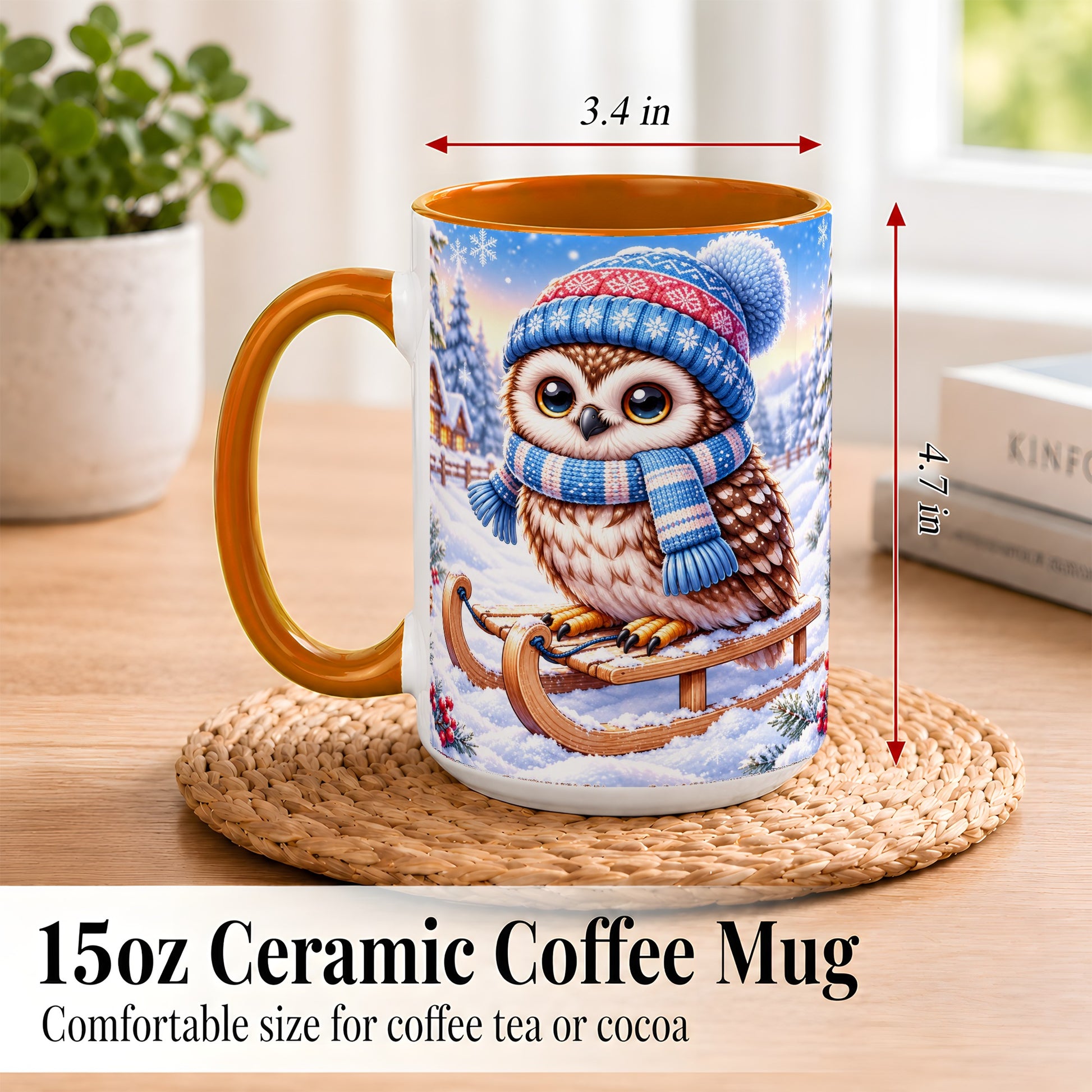 #pl[15oz|Orange] Winter Owl Coffee Mug, Cozy Sled Owl Mug, Ceramic Cup