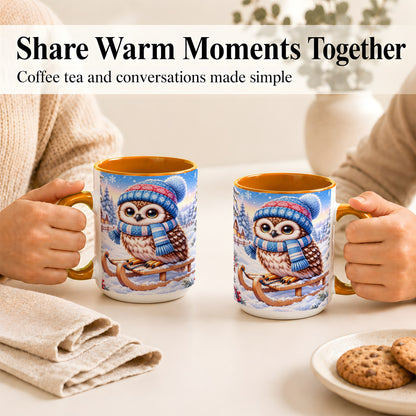 #pl[15oz|Orange] Winter Owl Coffee Mug, Cozy Sled Owl Mug, Ceramic Cup