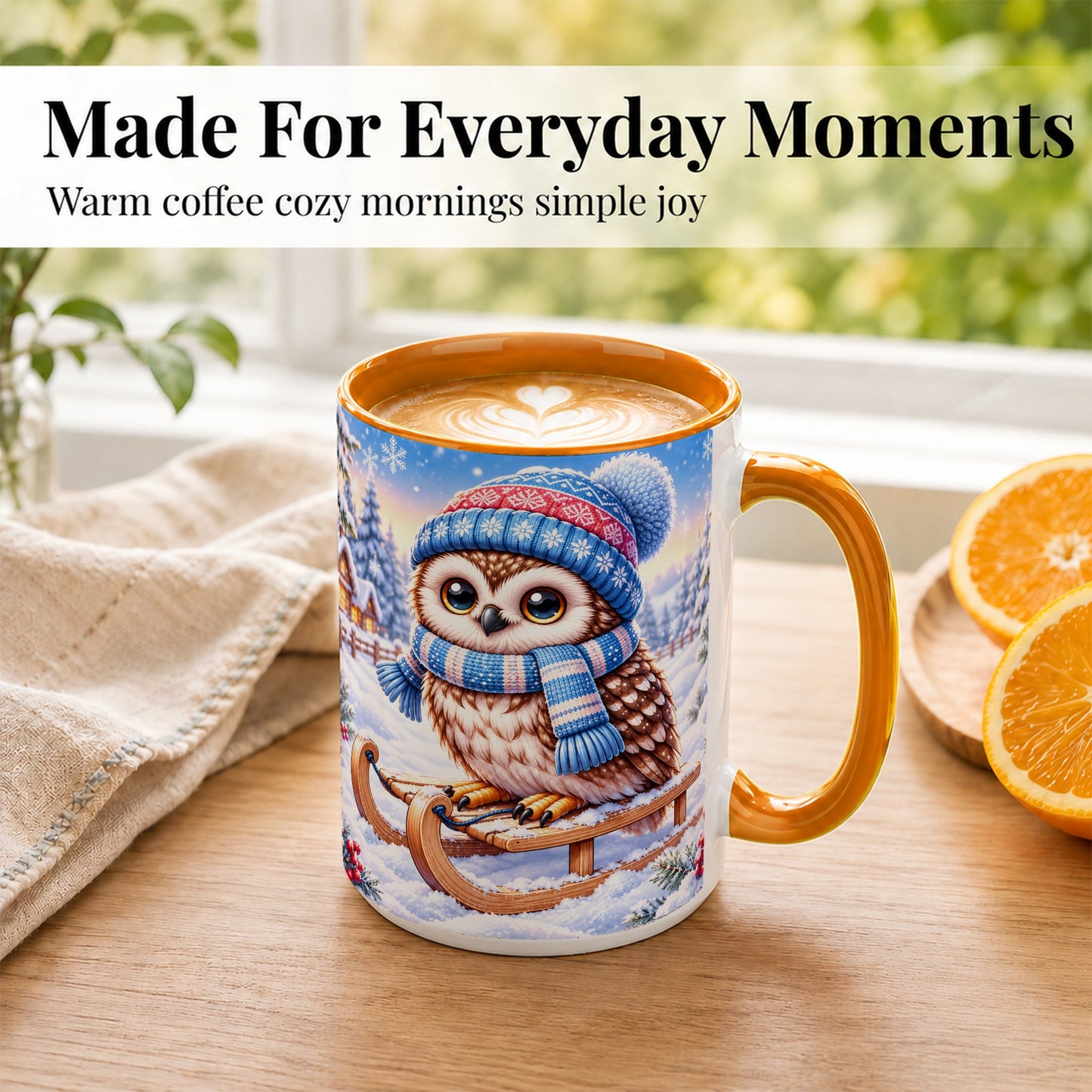 #pl[15oz|Orange] Winter Owl Coffee Mug, Cozy Sled Owl Mug, Ceramic Cup