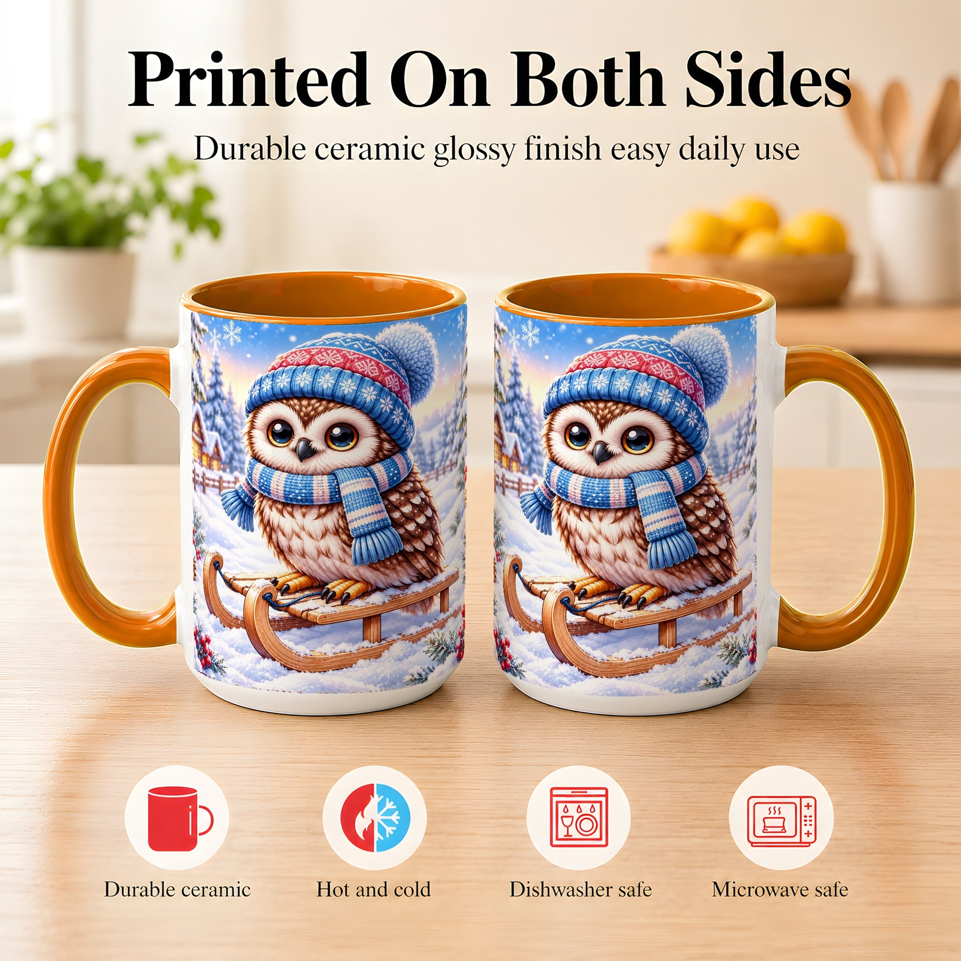 #pl[15oz|Orange] Winter Owl Coffee Mug, Cozy Sled Owl Mug, Ceramic Cup