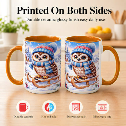 #pl[15oz|Orange] Winter Owl Coffee Mug, Cozy Sled Owl Mug, Ceramic Cup