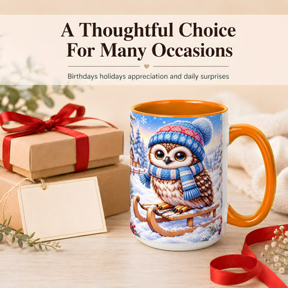 #pl[15oz|Orange] Winter Owl Coffee Mug, Cozy Sled Owl Mug, Ceramic Cup