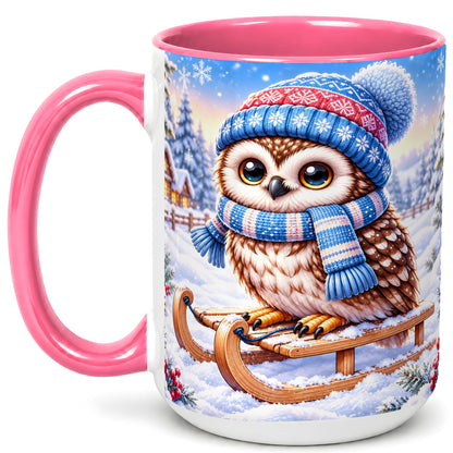 #pl[15oz|Pink] Winter Owl Coffee Mug, Cozy Sled Owl Mug, Ceramic Cup
