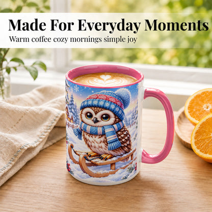 #pl[15oz|Pink] Winter Owl Coffee Mug, Cozy Sled Owl Mug, Ceramic Cup