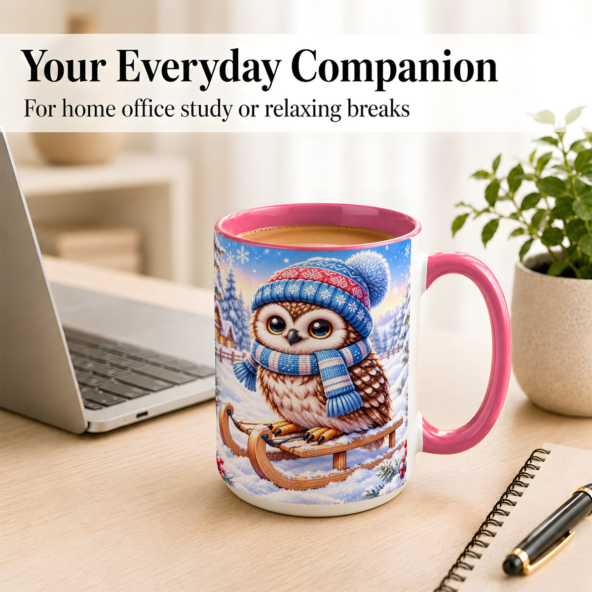 #pl[15oz|Pink] Winter Owl Coffee Mug, Cozy Sled Owl Mug, Ceramic Cup