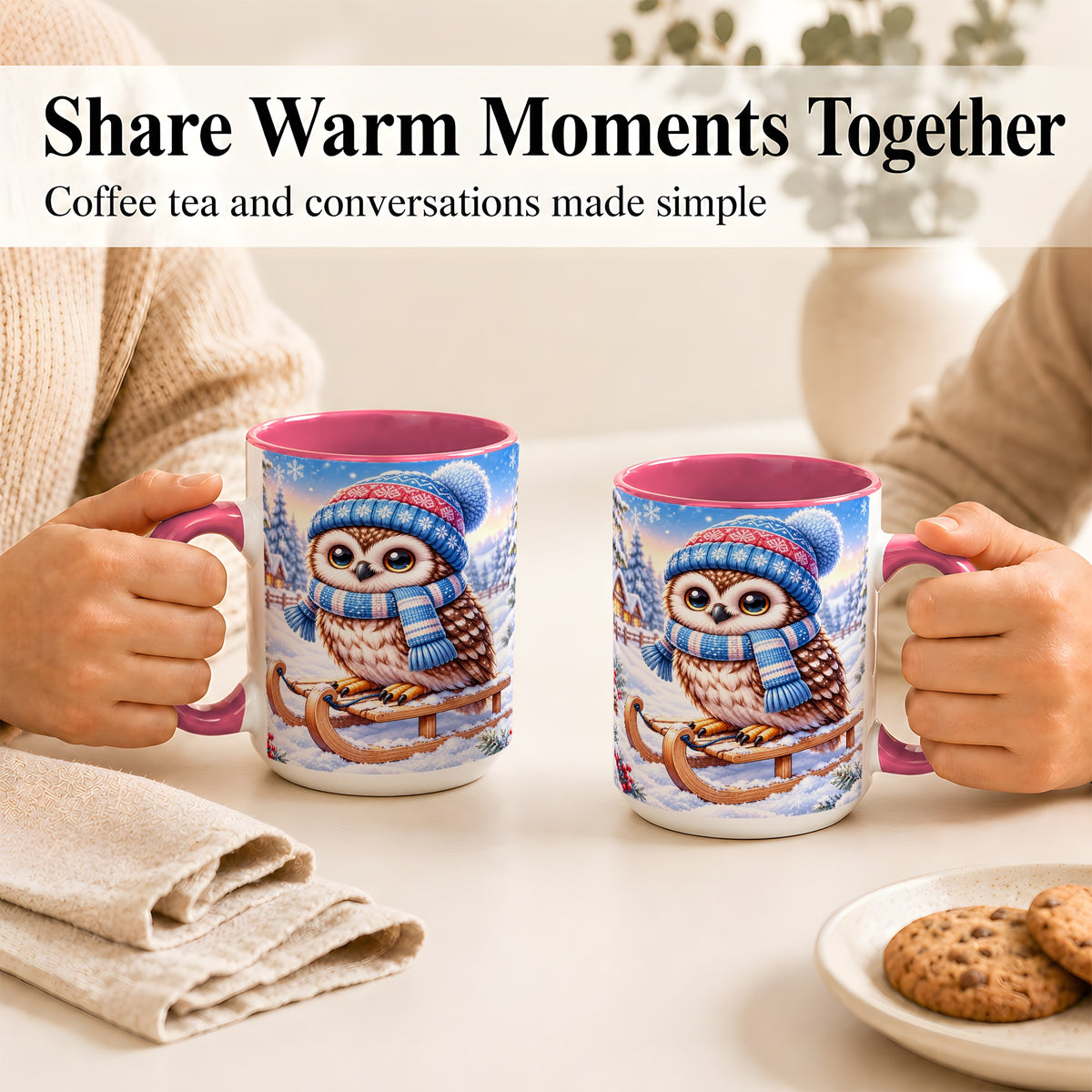 #pl[15oz|Pink] Winter Owl Coffee Mug, Cozy Sled Owl Mug, Ceramic Cup