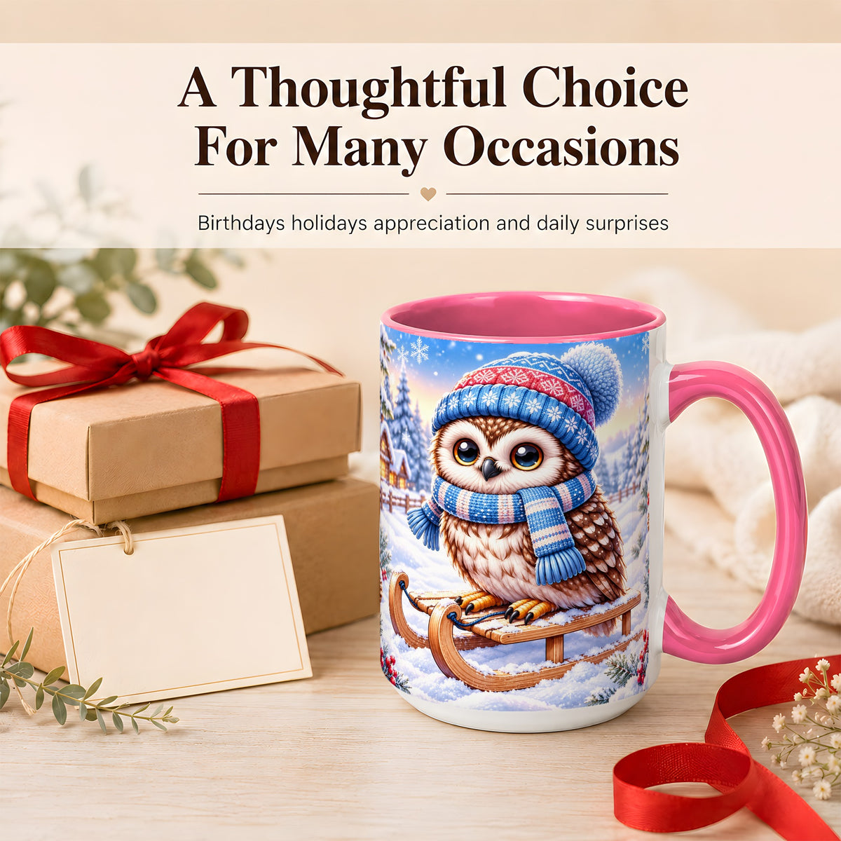 #pl[15oz|Pink] Winter Owl Coffee Mug, Cozy Sled Owl Mug, Ceramic Cup