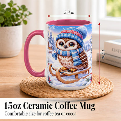 #pl[15oz|Pink] Winter Owl Coffee Mug, Cozy Sled Owl Mug, Ceramic Cup