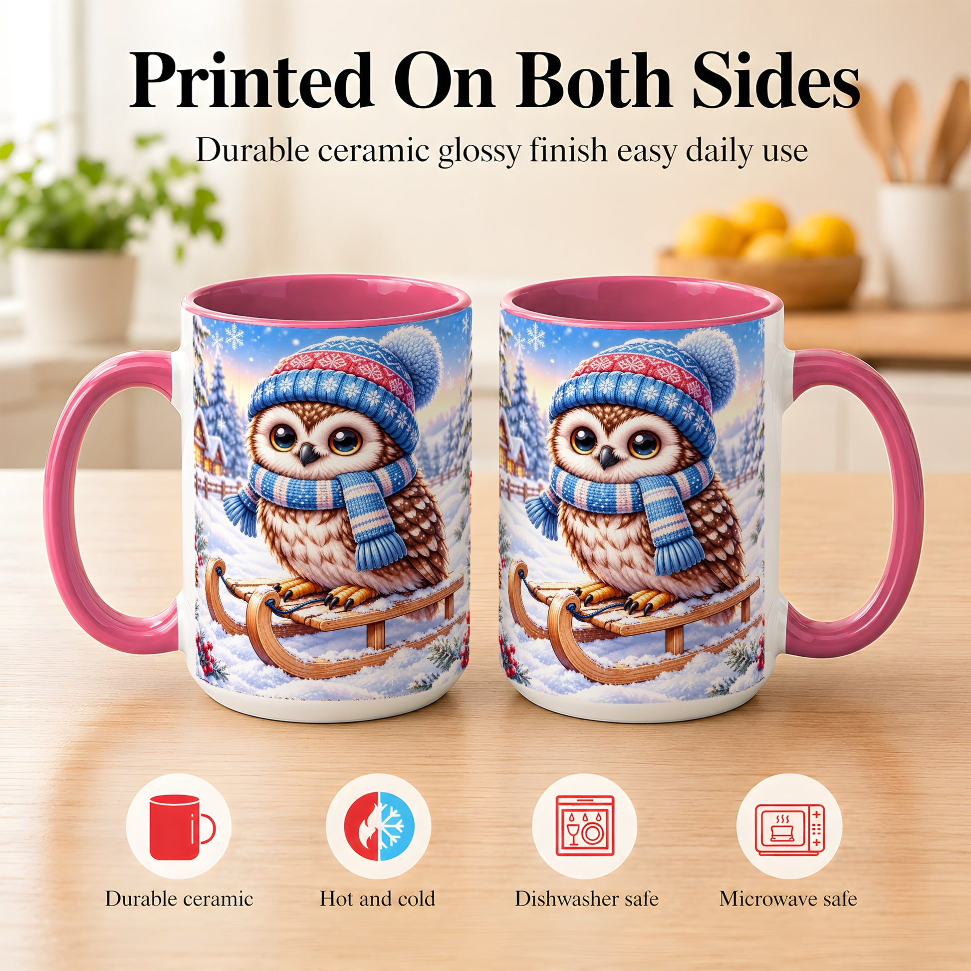 #pl[15oz|Pink] Winter Owl Coffee Mug, Cozy Sled Owl Mug, Ceramic Cup
