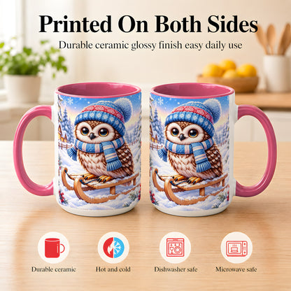 #pl[15oz|Pink] Winter Owl Coffee Mug, Cozy Sled Owl Mug, Ceramic Cup