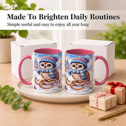 #pl[15oz|Pink] Winter Owl Coffee Mug, Cozy Sled Owl Mug, Ceramic Cup