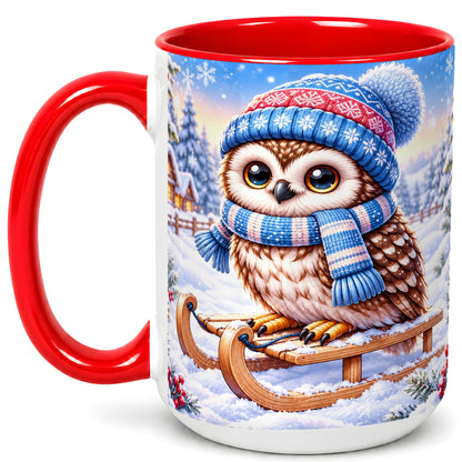 #pl[15oz|Red] Winter Owl Coffee Mug, Cozy Sled Owl Mug, Ceramic Cup