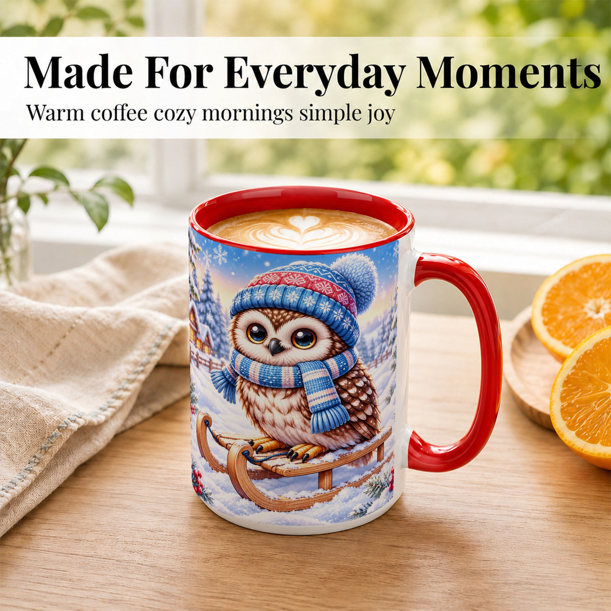 #pl[15oz|Red] Winter Owl Coffee Mug, Cozy Sled Owl Mug, Ceramic Cup