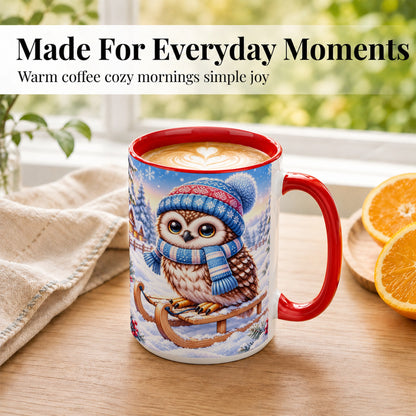 #pl[15oz|Red] Winter Owl Coffee Mug, Cozy Sled Owl Mug, Ceramic Cup