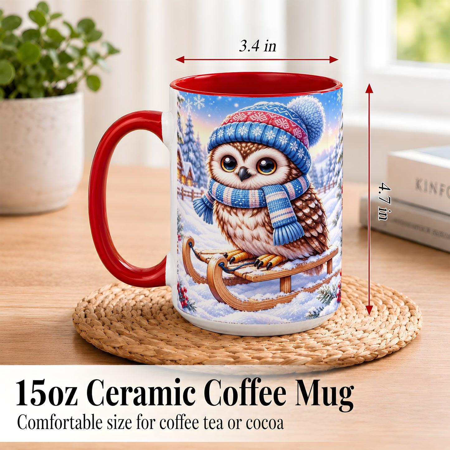 #pl[15oz|Red] Winter Owl Coffee Mug, Cozy Sled Owl Mug, Ceramic Cup