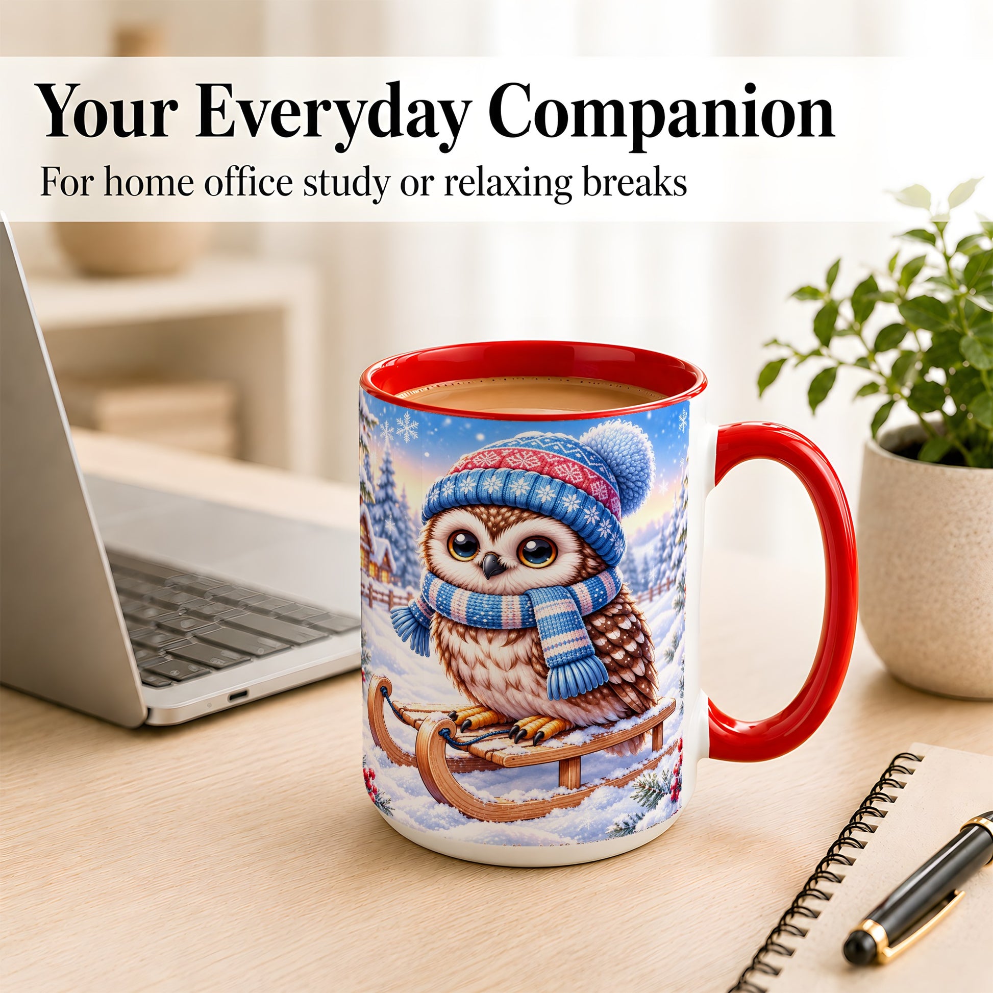 #pl[15oz|Red] Winter Owl Coffee Mug, Cozy Sled Owl Mug, Ceramic Cup