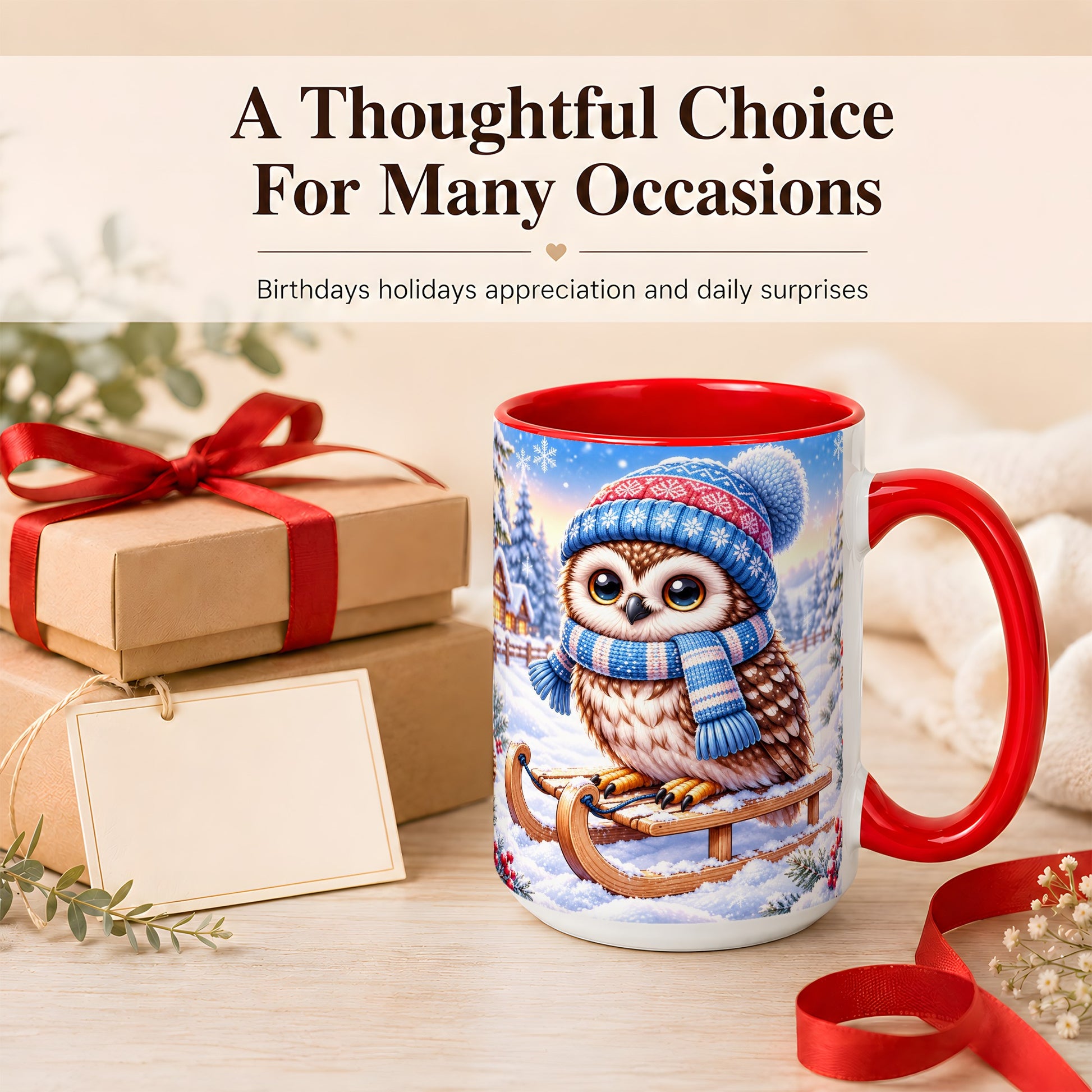 #pl[15oz|Red] Winter Owl Coffee Mug, Cozy Sled Owl Mug, Ceramic Cup
