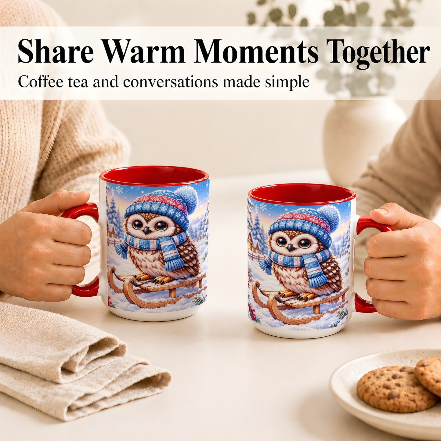 #pl[15oz|Red] Winter Owl Coffee Mug, Cozy Sled Owl Mug, Ceramic Cup
