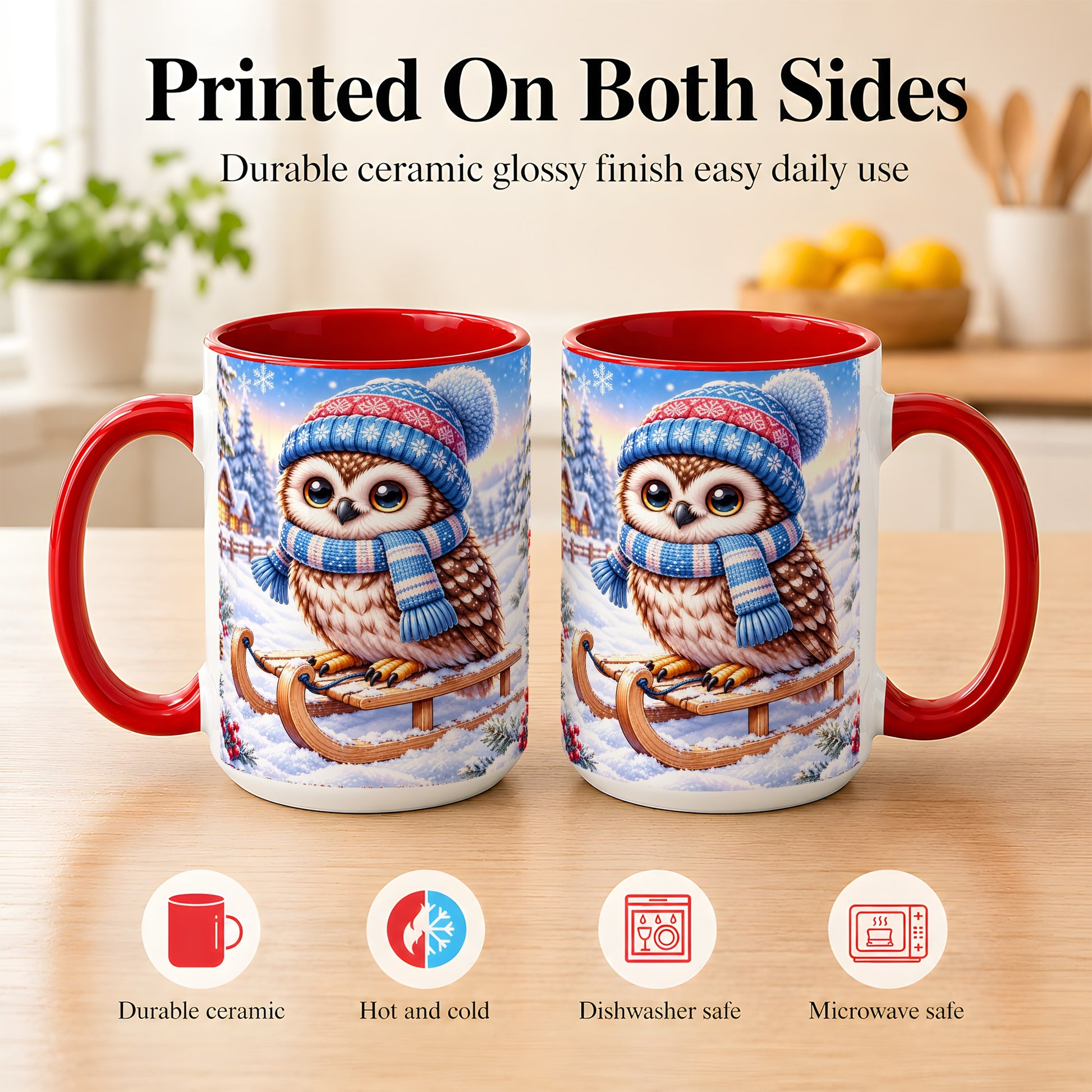 #pl[15oz|Red] Winter Owl Coffee Mug, Cozy Sled Owl Mug, Ceramic Cup