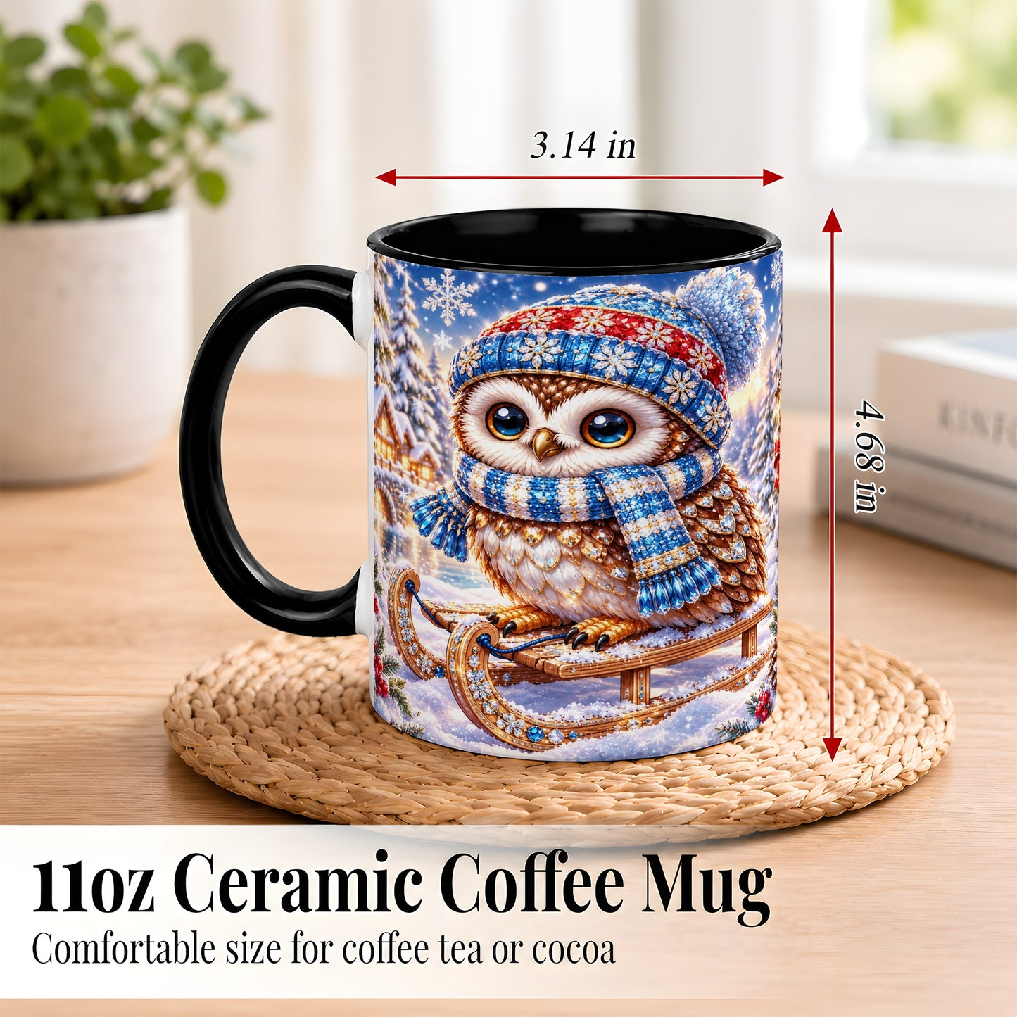 #pl[11oz|Black] Ornate Winter Owl Coffee Mug, Snowy Sled Owl Mug, Ceramic Cup