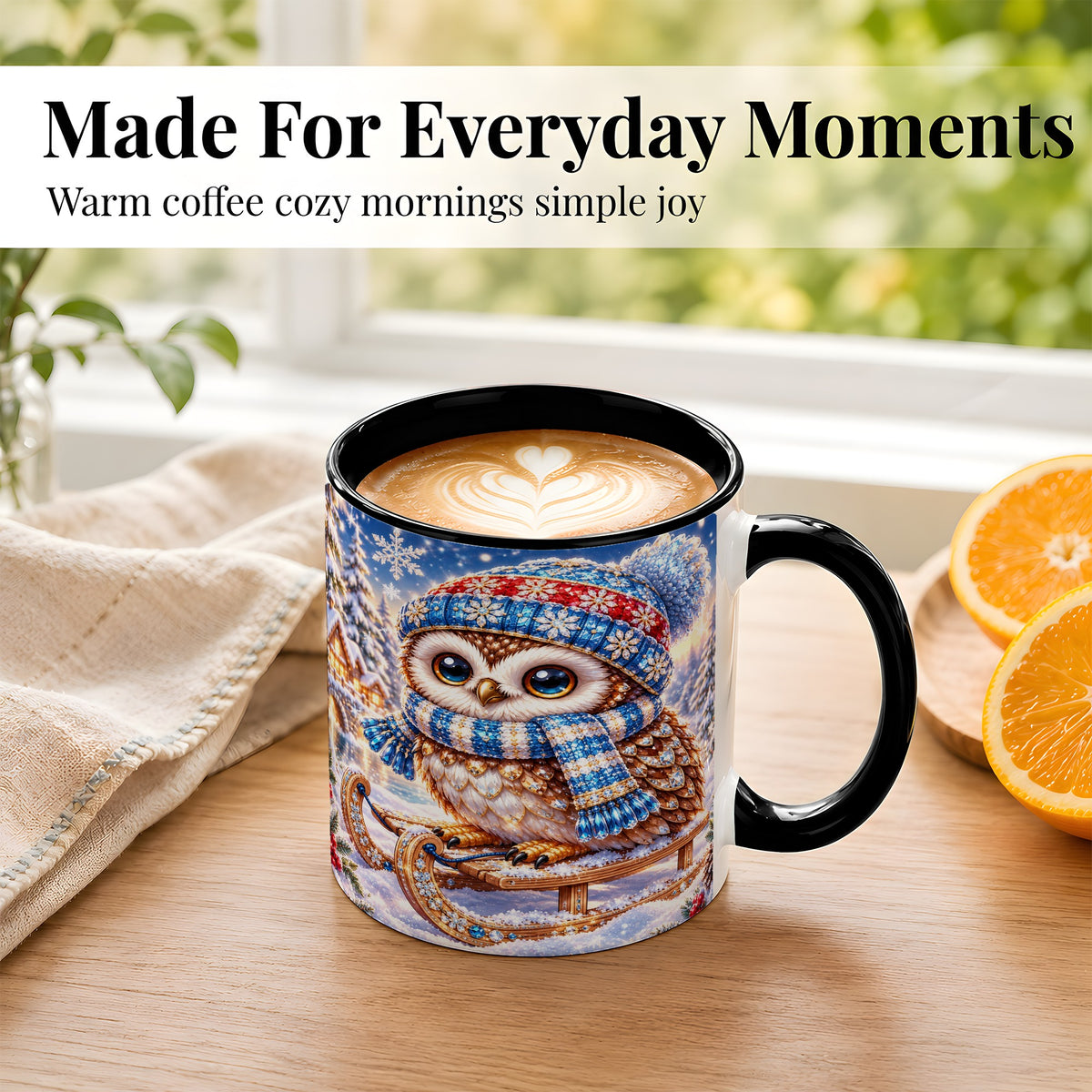 #pl[11oz|Black] Ornate Winter Owl Coffee Mug, Snowy Sled Owl Mug, Ceramic Cup