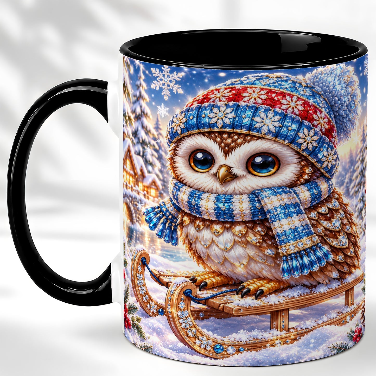 #pl[11oz|Black] Ornate Winter Owl Coffee Mug, Snowy Sled Owl Mug, Ceramic Cup