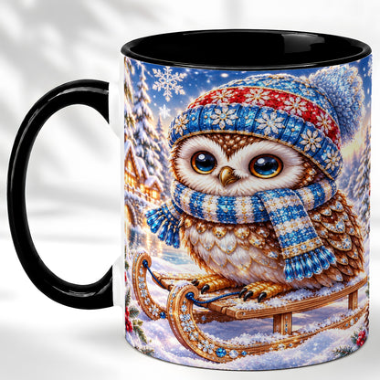 #pl[11oz|Black] Ornate Winter Owl Coffee Mug, Snowy Sled Owl Mug, Ceramic Cup