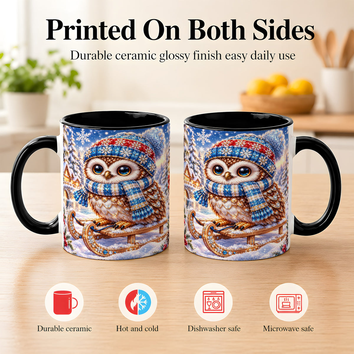 #pl[11oz|Black] Ornate Winter Owl Coffee Mug, Snowy Sled Owl Mug, Ceramic Cup