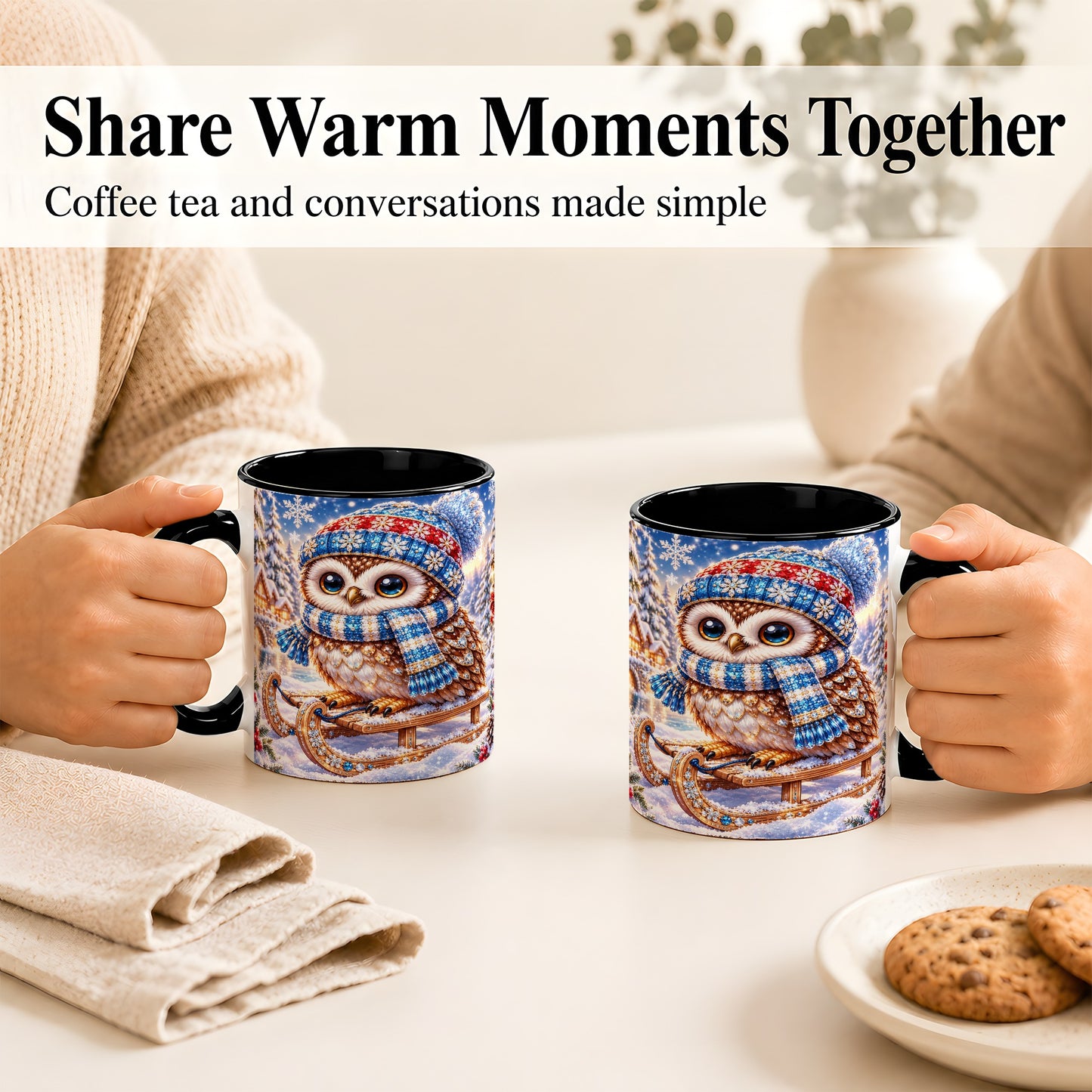 #pl[11oz|Black] Ornate Winter Owl Coffee Mug, Snowy Sled Owl Mug, Ceramic Cup